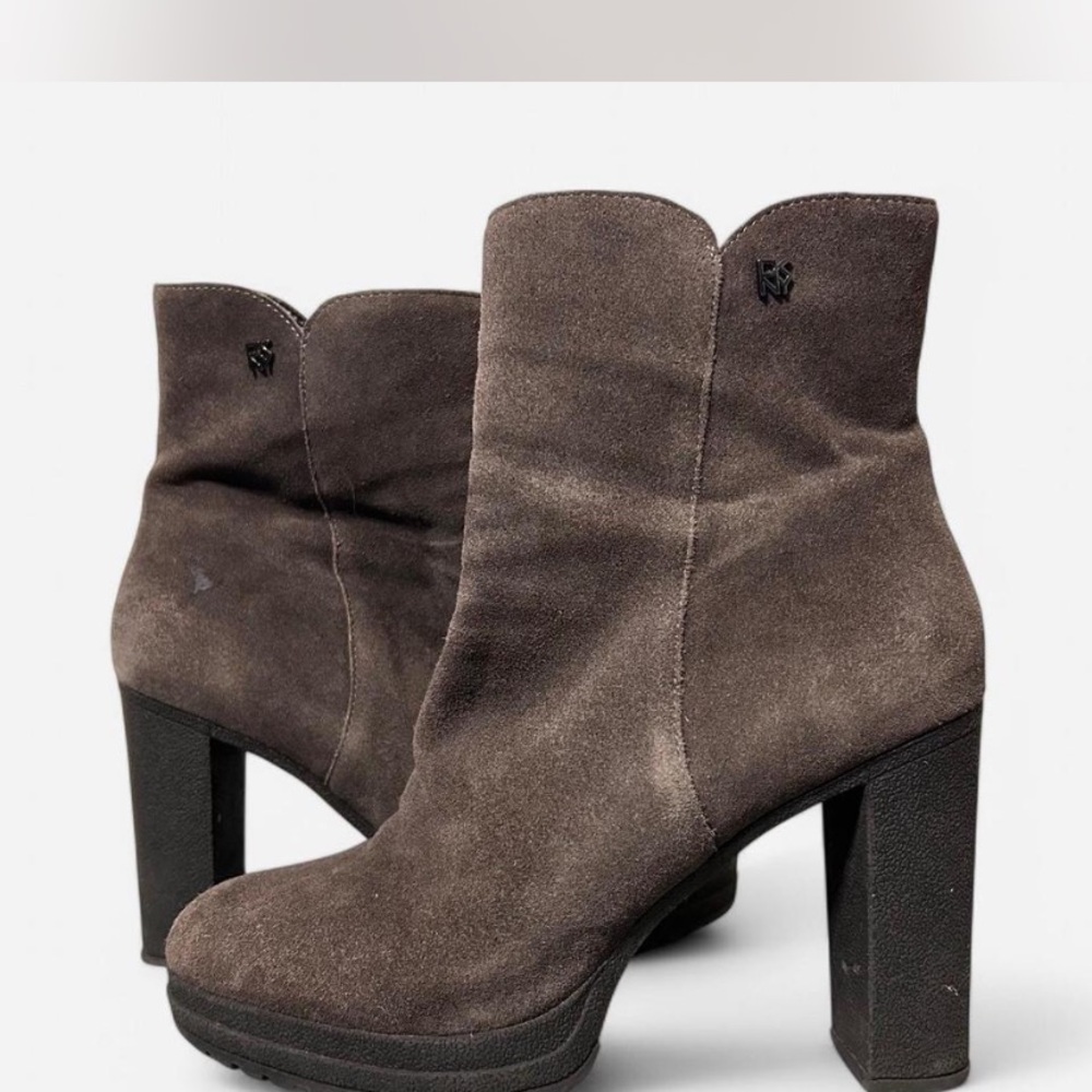 DKNY Cream and Brown Heeled Boots with Suede Finish